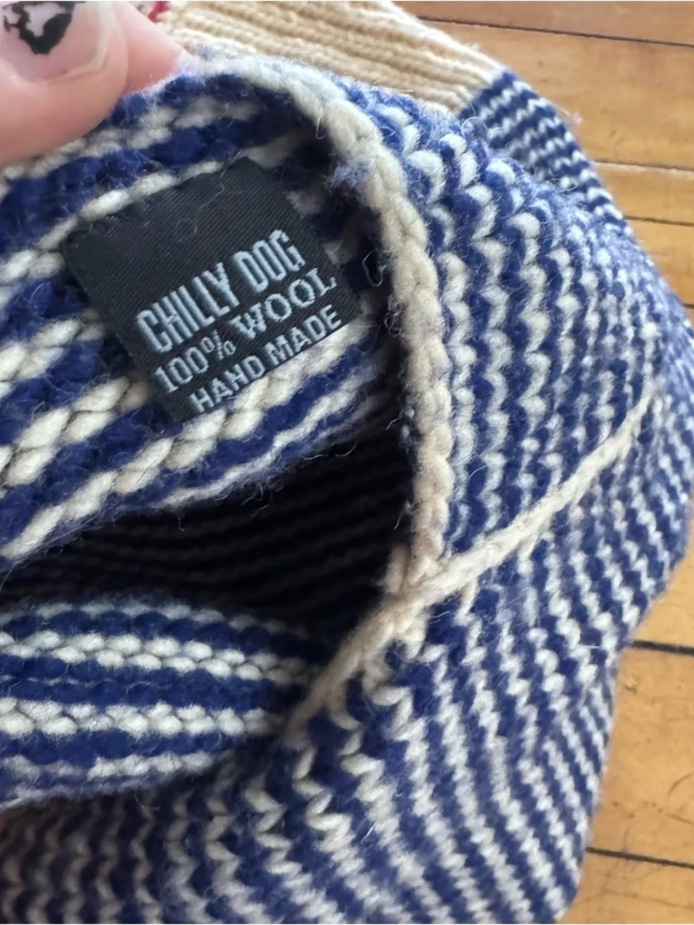 Chilly Dog Sweater wool blue cream striped cowl neck cozy warm dog puppy